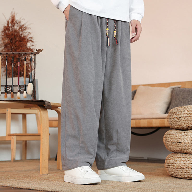 Pantalon en velours côtelé uni avec cordon de serrage et poches pour homme Buddha Stones Automne Hiver - image 2