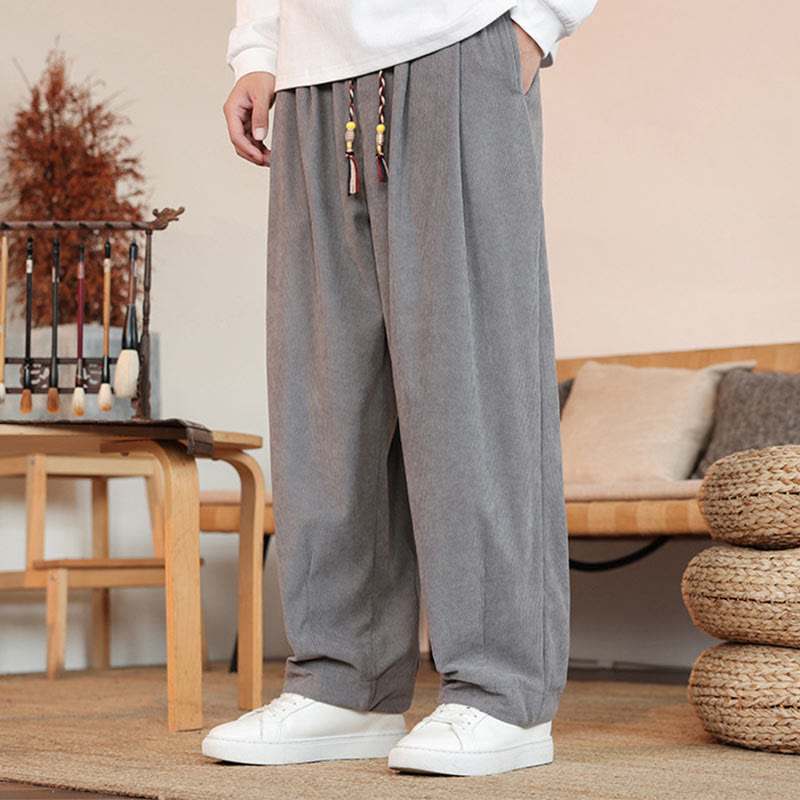 Pantalon en velours côtelé uni avec cordon de serrage et poches pour homme Buddha Stones Automne Hiver - image 6