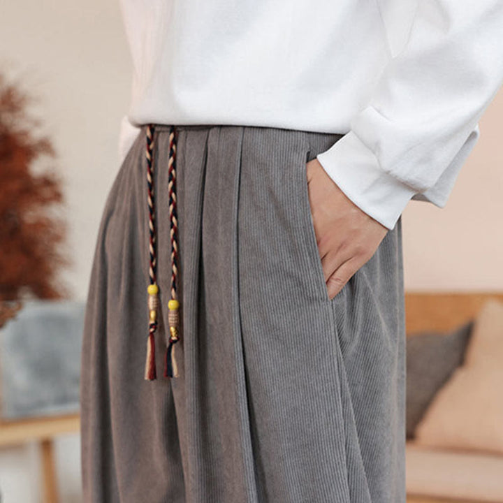 Pantalon en velours côtelé uni avec cordon de serrage et poches pour homme Buddha Stones Automne Hiver - image 10