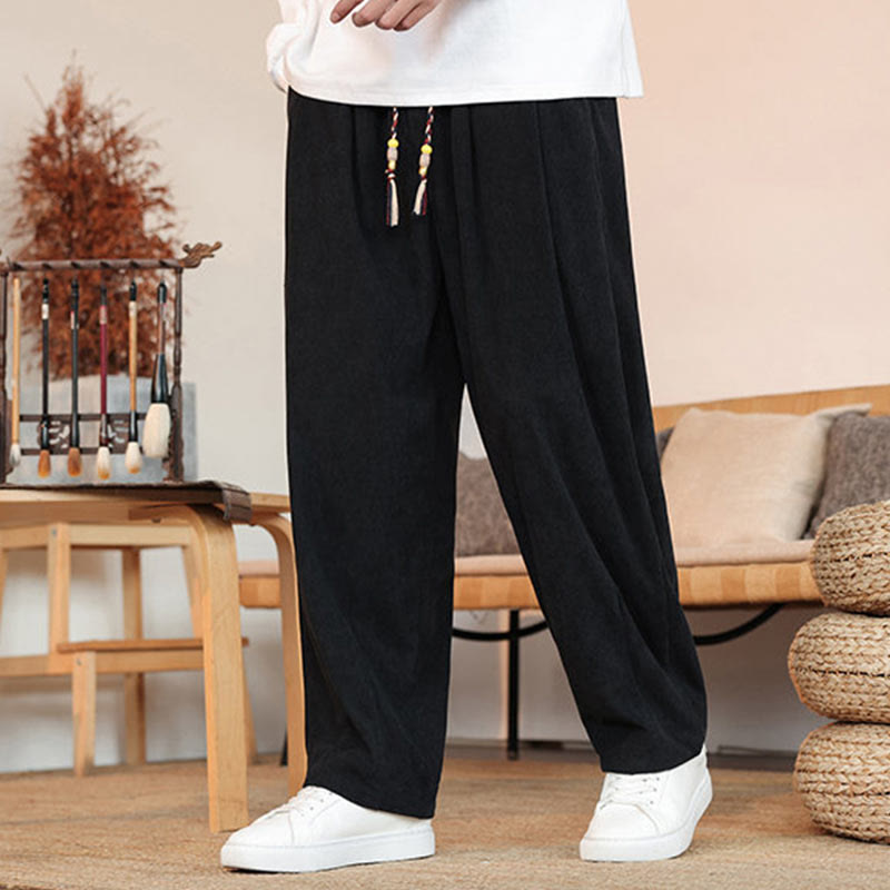 Pantalon en velours côtelé uni avec cordon de serrage et poches pour homme Buddha Stones Automne Hiver - Noir - US/UK/AU46，EU56 (5XL) - image 14