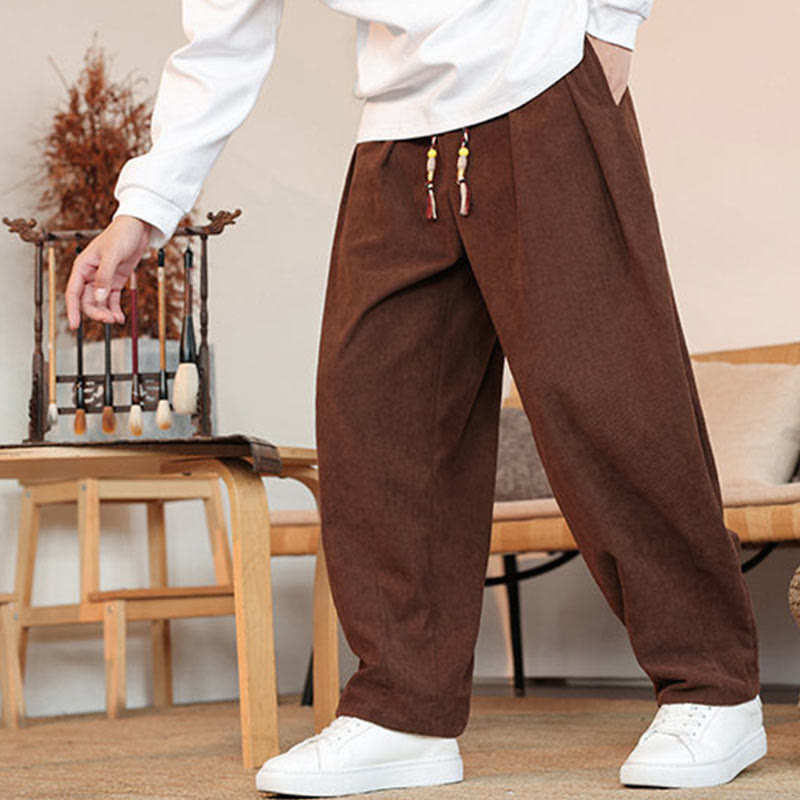 Pantalon en velours côtelé uni avec cordon de serrage et poches pour homme Buddha Stones Automne Hiver - image 30