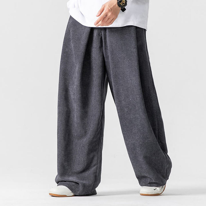 Pantalon large en velours côtelé de coton de couleur unie Buddha Stones pour homme avec poches