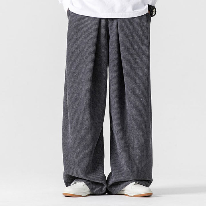 Pantalon large en velours côtelé de coton de couleur unie Buddha Stones pour homme avec poches