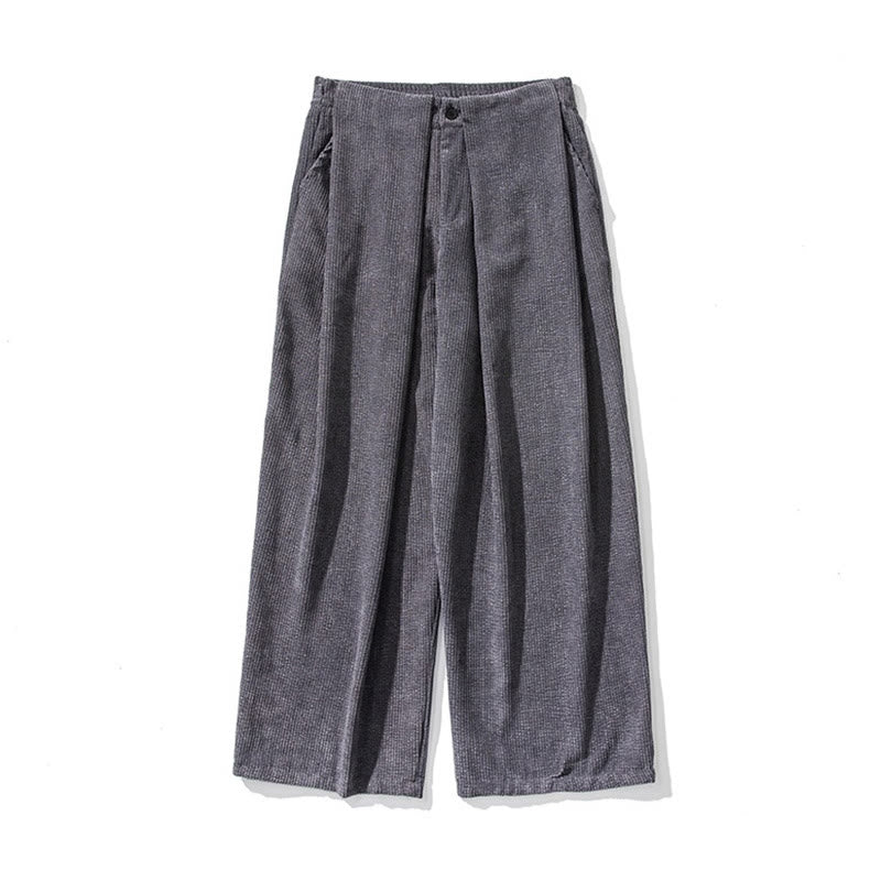 Pantalon large en velours côtelé de coton de couleur unie Buddha Stones pour homme avec poches
