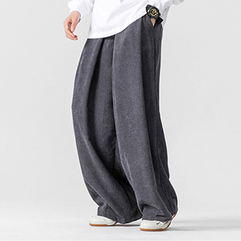 Pantalon large en velours côtelé de coton de couleur unie Buddha Stones pour homme avec poches