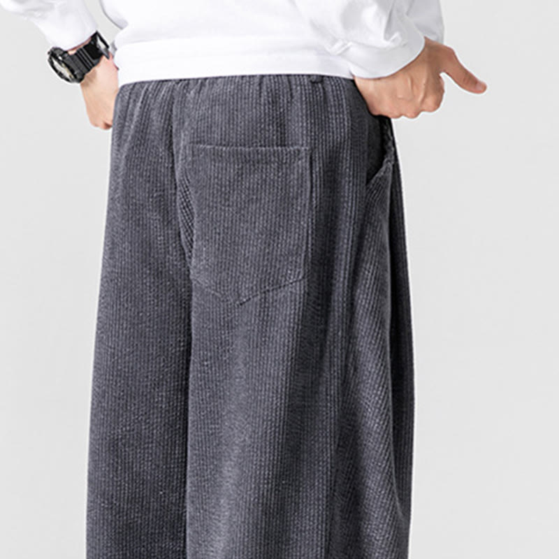 Pantalon large en velours côtelé de coton de couleur unie Buddha Stones pour homme avec poches
