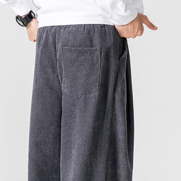 Pantalon large en velours côtelé de coton de couleur unie Buddha Stones pour homme avec poches
