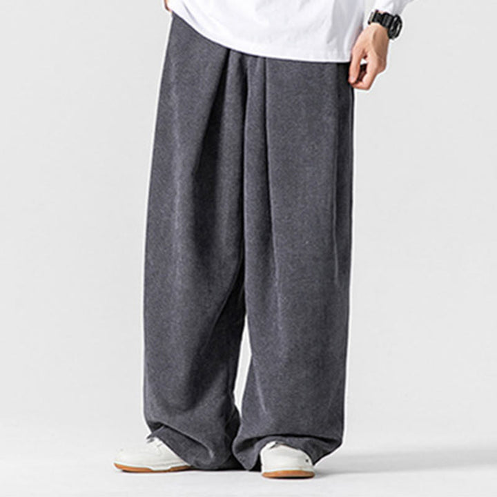 Pantalon large en velours côtelé de coton de couleur unie Buddha Stones pour homme avec poches