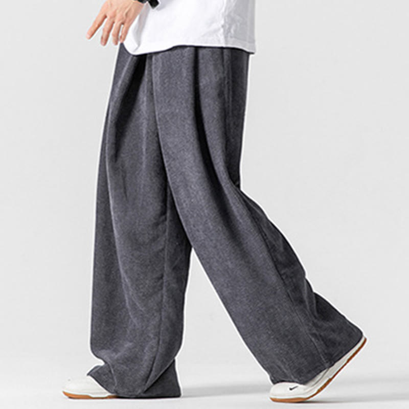 Pantalon large en velours côtelé de coton de couleur unie Buddha Stones pour homme avec poches