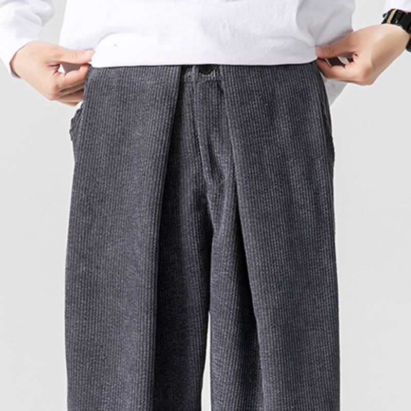 Pantalon large en velours côtelé de coton de couleur unie Buddha Stones pour homme avec poches