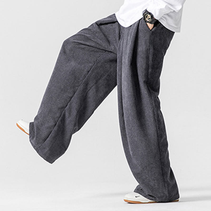 Pantalon large en velours côtelé de coton de couleur unie Buddha Stones pour homme avec poches