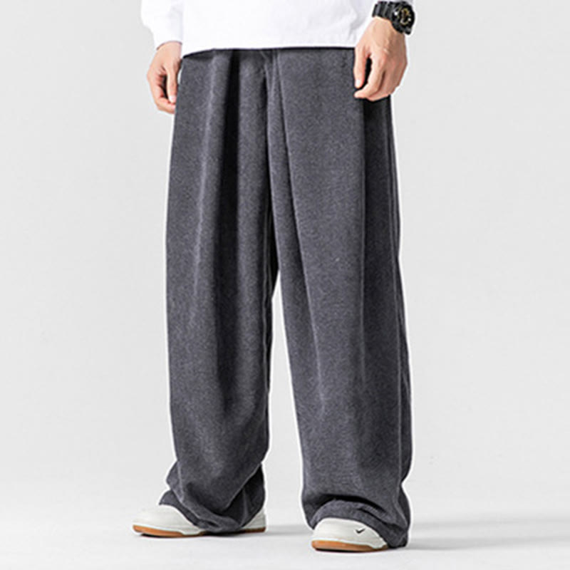 Pantalon large en velours côtelé de coton de couleur unie Buddha Stones pour homme avec poches