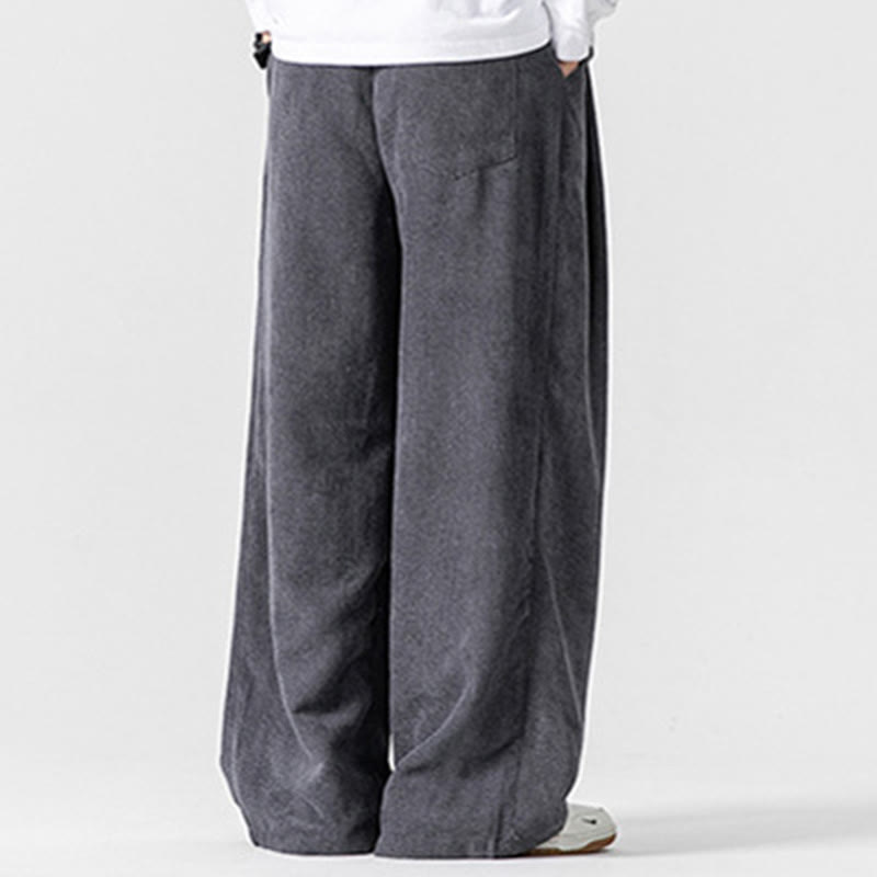 Pantalon large en velours côtelé de coton de couleur unie Buddha Stones pour homme avec poches