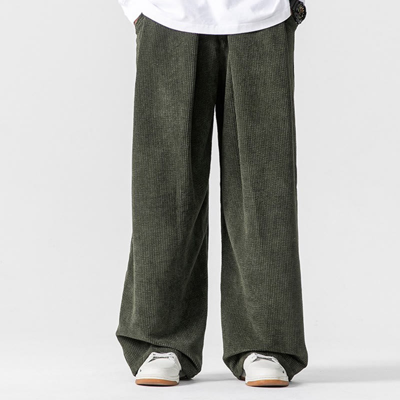 Pantalon large en velours côtelé de coton de couleur unie Buddha Stones pour homme avec poches