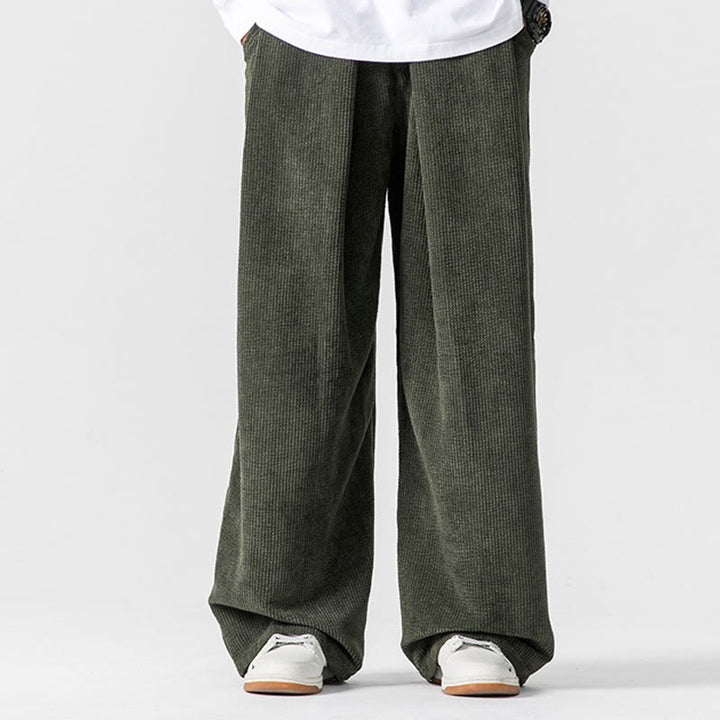 Pantalon large en velours côtelé de coton de couleur unie Buddha Stones pour homme avec poches