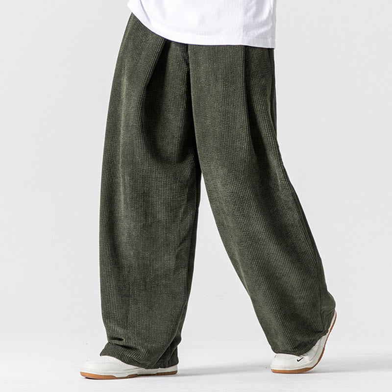 Pantalon large en velours côtelé de coton de couleur unie Buddha Stones pour homme avec poches