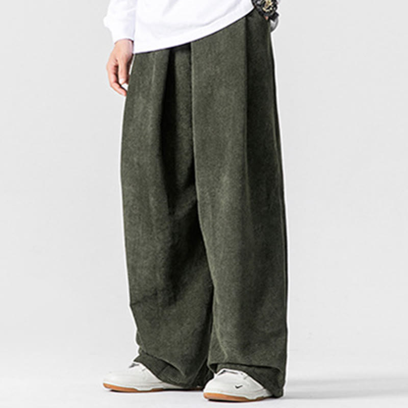 Pantalon large en velours côtelé de coton de couleur unie Buddha Stones pour homme avec poches