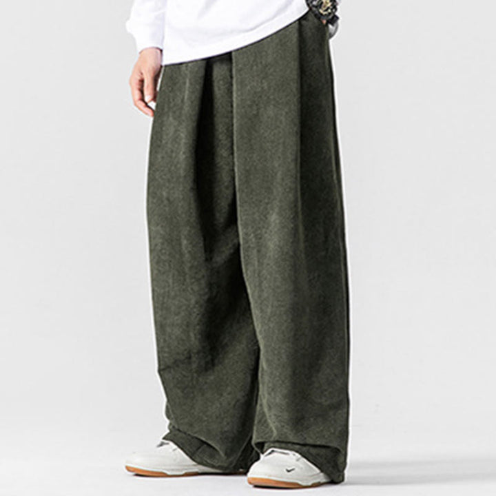 Pantalon large en velours côtelé de coton de couleur unie Buddha Stones pour homme avec poches