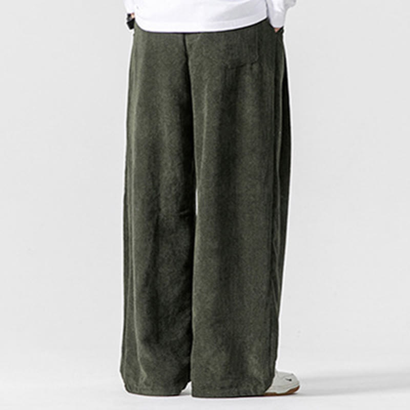 Pantalon large en velours côtelé de coton de couleur unie Buddha Stones pour homme avec poches