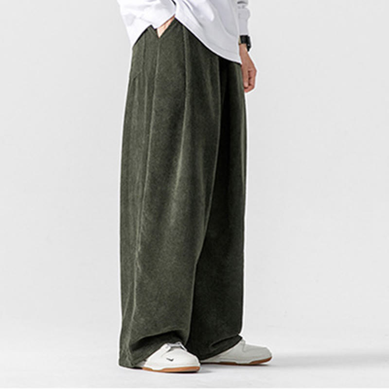 Pantalon large en velours côtelé de coton de couleur unie Buddha Stones pour homme avec poches