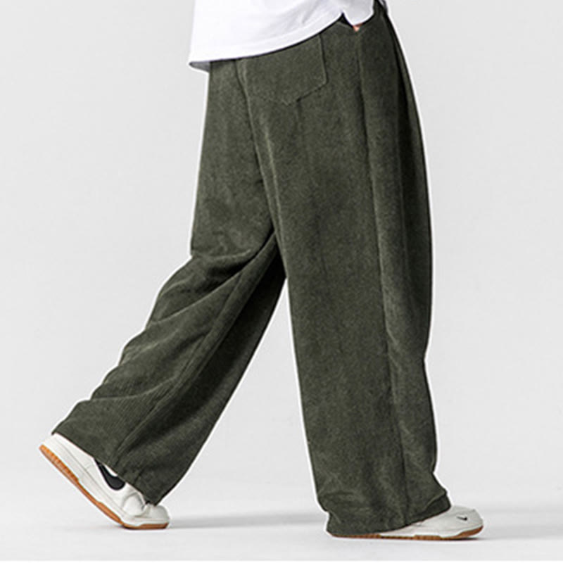 Pantalon large en velours côtelé de coton de couleur unie Buddha Stones pour homme avec poches