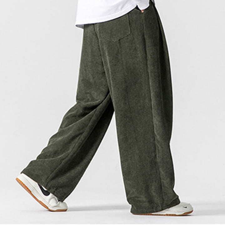 Pantalon large en velours côtelé de coton de couleur unie Buddha Stones pour homme avec poches