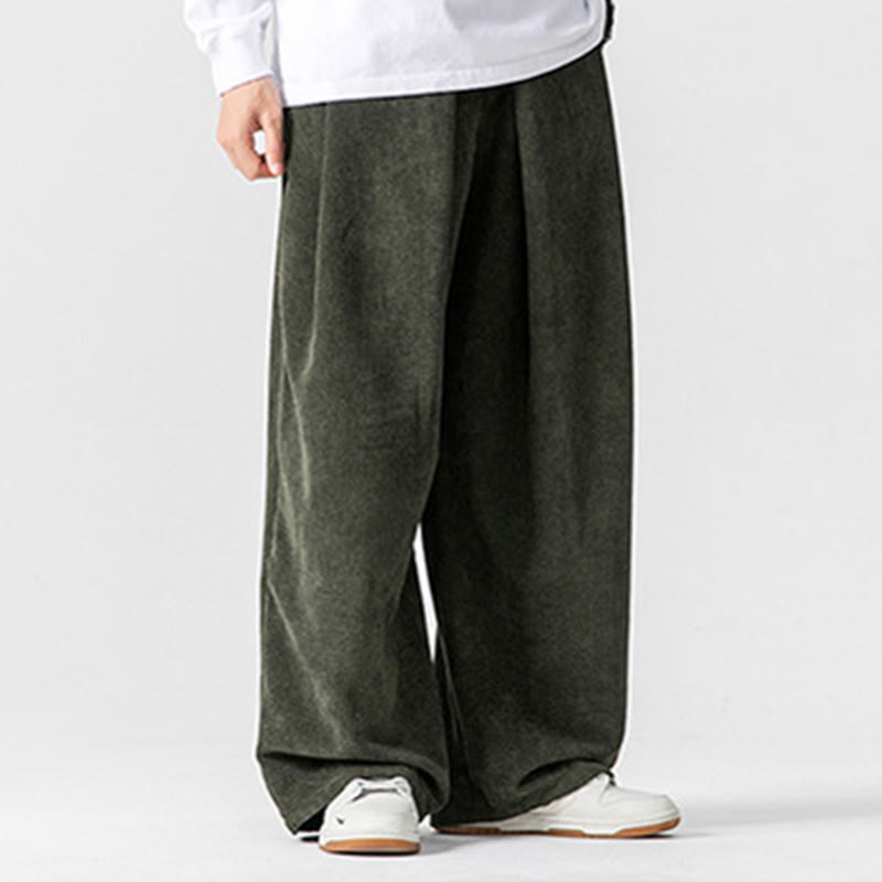 Pantalon large en velours côtelé de coton de couleur unie Buddha Stones pour homme avec poches