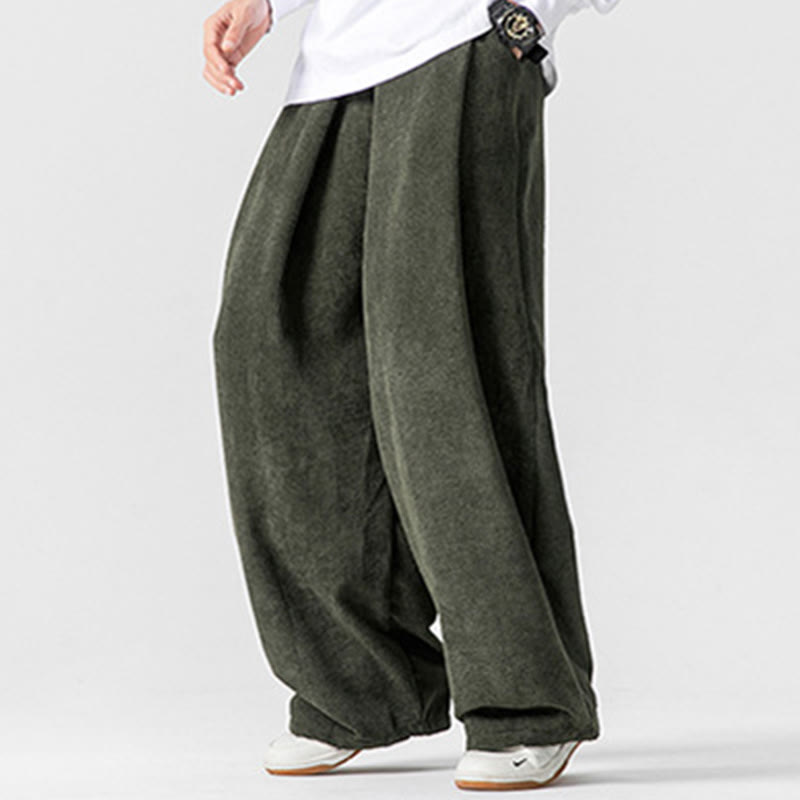Pantalon large en velours côtelé de coton de couleur unie Buddha Stones pour homme avec poches