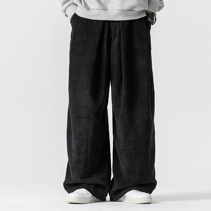 Pantalon large en velours côtelé de coton de couleur unie Buddha Stones pour homme avec poches