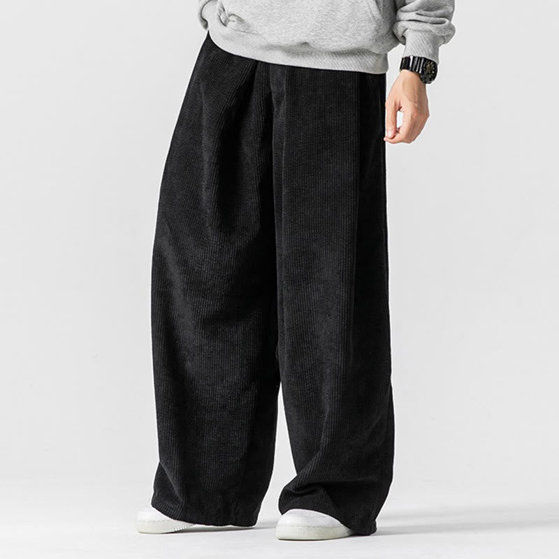 Pantalon large en velours côtelé de coton de couleur unie Buddha Stones pour homme avec poches