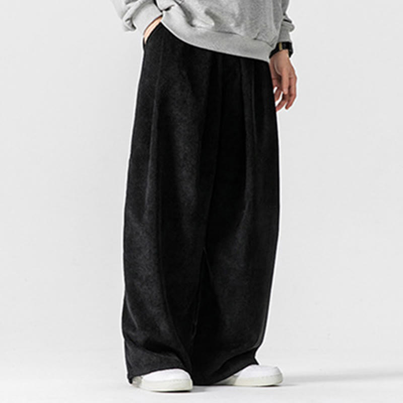 Pantalon large en velours côtelé de coton de couleur unie Buddha Stones pour homme avec poches