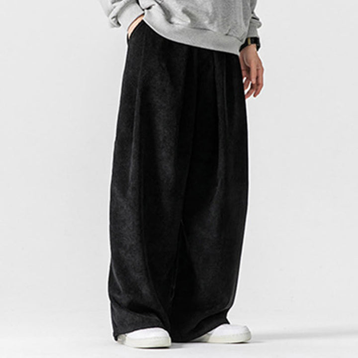 Pantalon large en velours côtelé de coton de couleur unie Buddha Stones pour homme avec poches