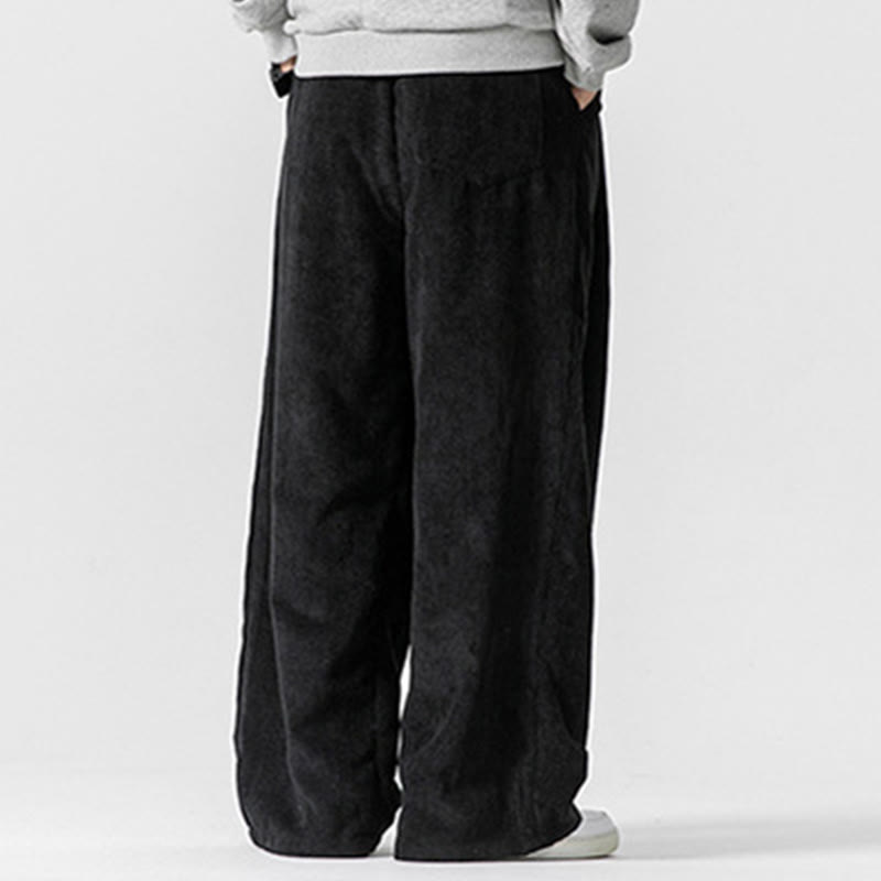Pantalon large en velours côtelé de coton de couleur unie Buddha Stones pour homme avec poches