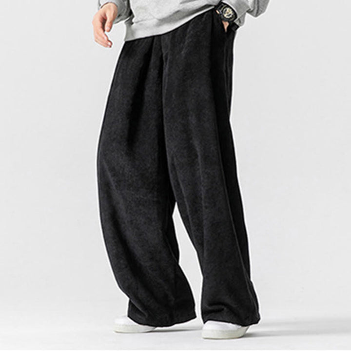 Pantalon large en velours côtelé de coton de couleur unie Buddha Stones pour homme avec poches