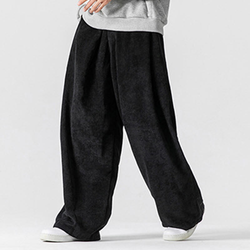 Pantalon large en velours côtelé de coton de couleur unie Buddha Stones pour homme avec poches