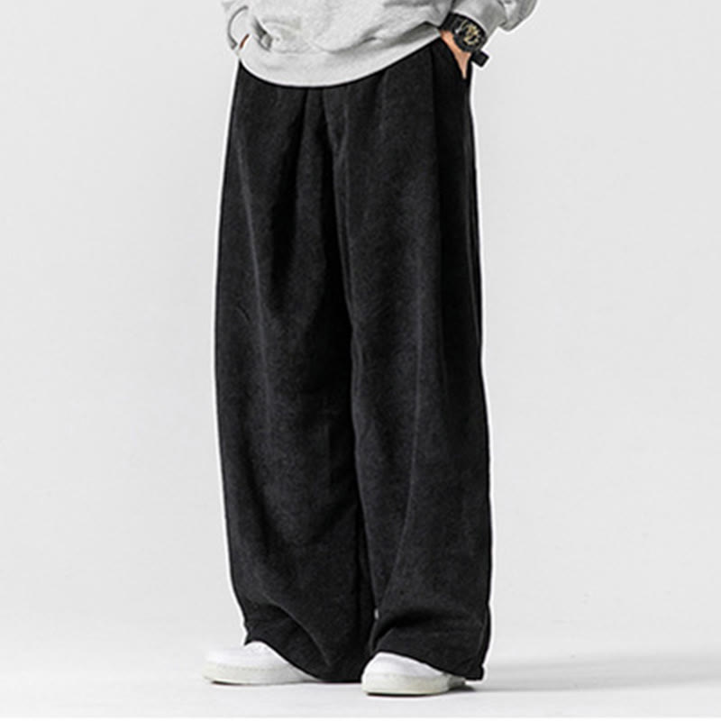 Pantalon large en velours côtelé de coton de couleur unie Buddha Stones pour homme avec poches