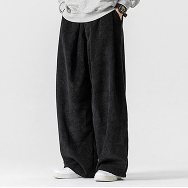 Pantalon large en velours côtelé de coton de couleur unie Buddha Stones pour homme avec poches