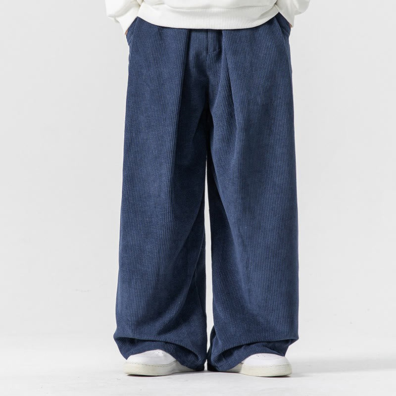 Pantalon large en velours côtelé de coton de couleur unie Buddha Stones pour homme avec poches