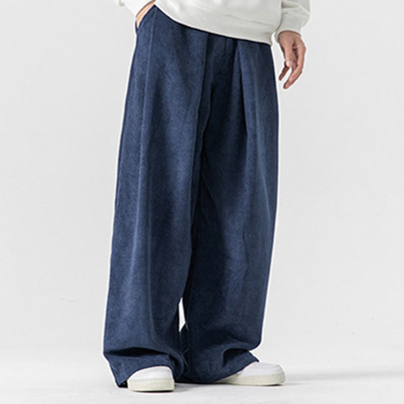 Pantalon large en velours côtelé de coton de couleur unie Buddha Stones pour homme avec poches
