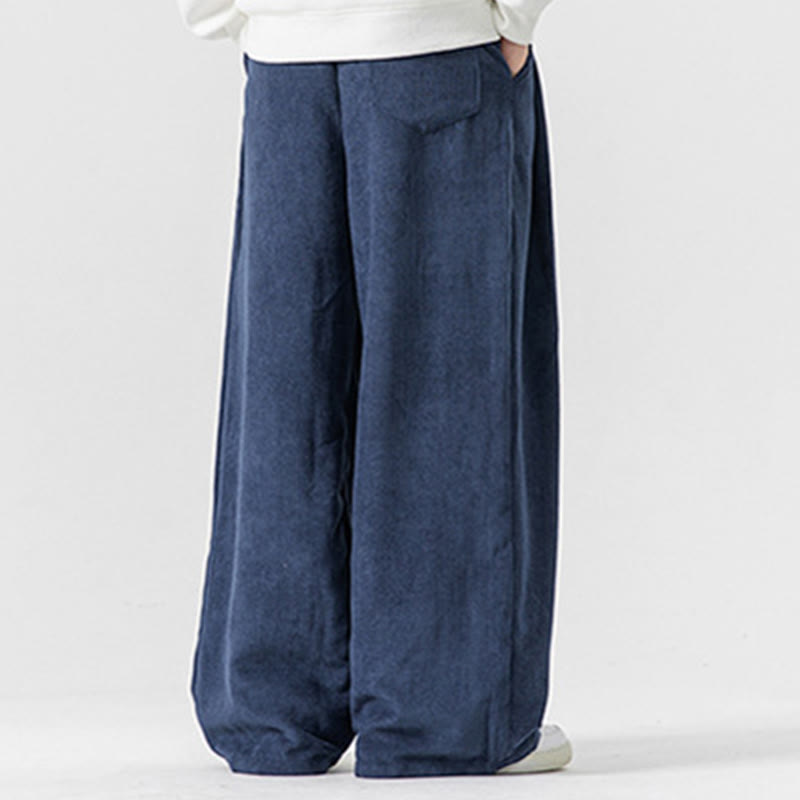 Pantalon large en velours côtelé de coton de couleur unie Buddha Stones pour homme avec poches