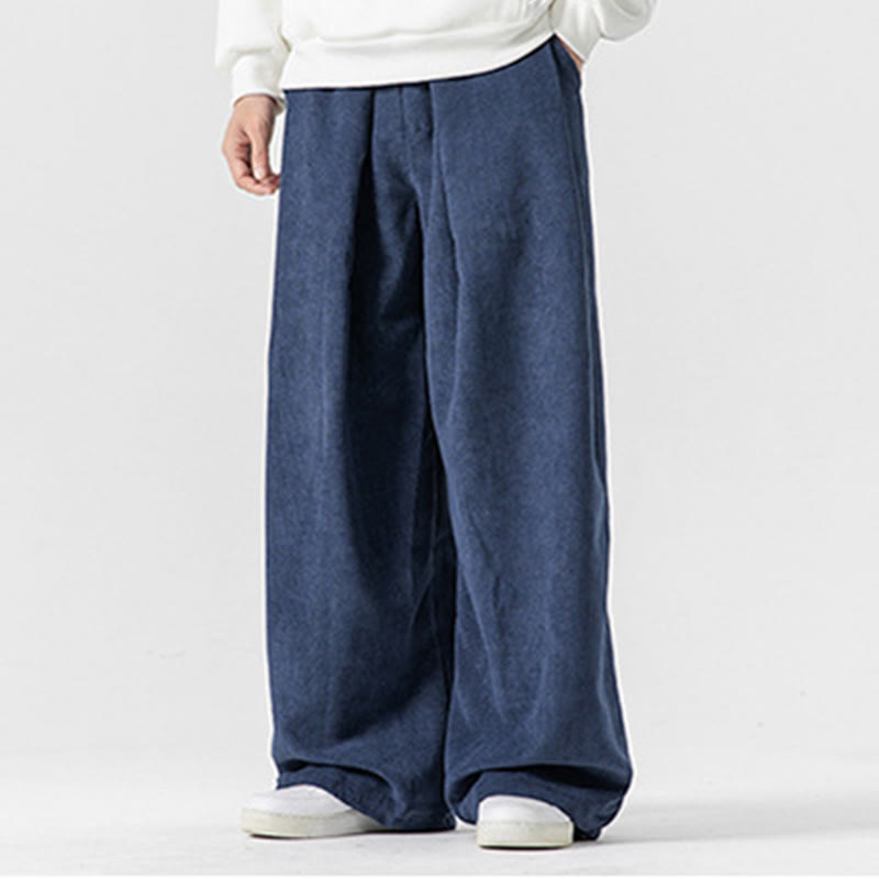 Pantalon large en velours côtelé de coton de couleur unie Buddha Stones pour homme avec poches