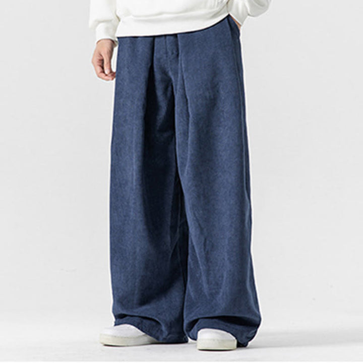 Pantalon large en velours côtelé de coton de couleur unie Buddha Stones pour homme avec poches