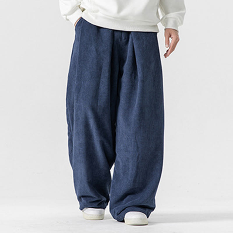 Pantalon large en velours côtelé de coton de couleur unie Buddha Stones pour homme avec poches
