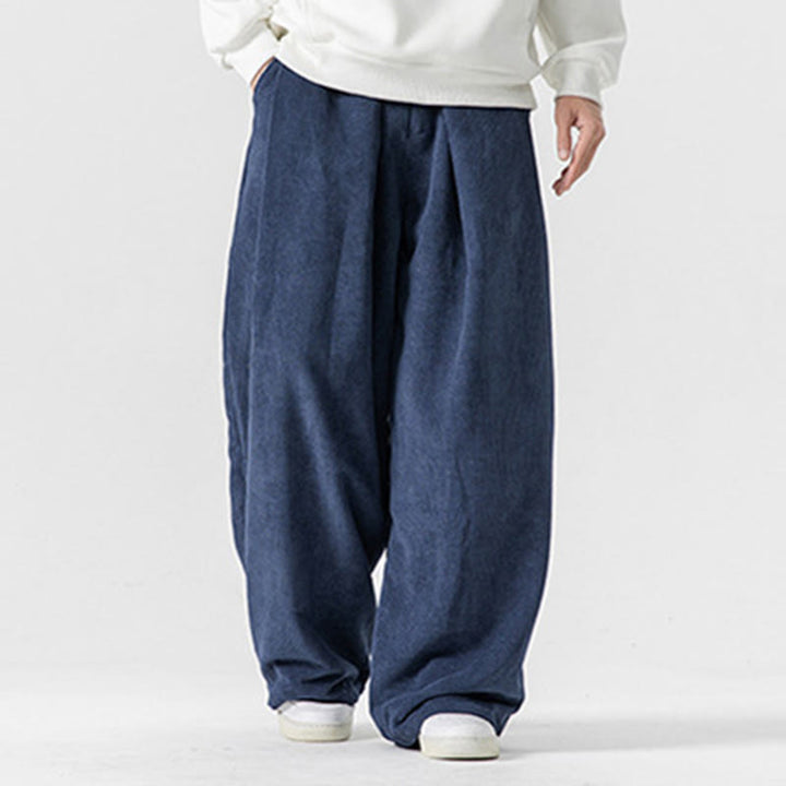 Pantalon large en velours côtelé de coton de couleur unie Buddha Stones pour homme avec poches