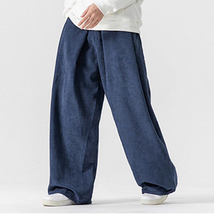 Pantalon large en velours côtelé de coton de couleur unie Buddha Stones pour homme avec poches