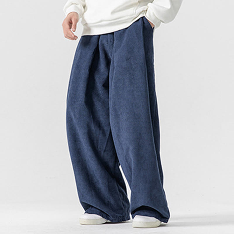 Pantalon large en velours côtelé de coton de couleur unie Buddha Stones pour homme avec poches