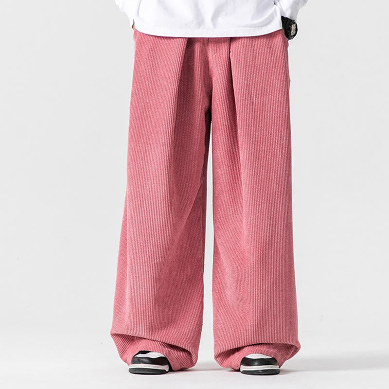 Pantalon large en velours côtelé de coton de couleur unie Buddha Stones pour homme avec poches