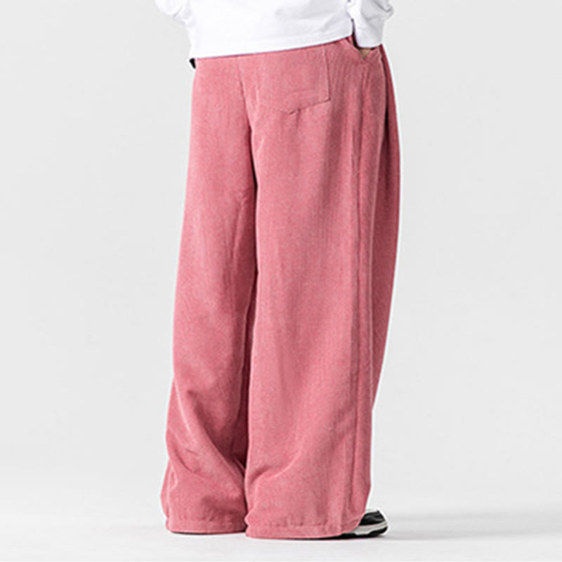 Pantalon large en velours côtelé de coton de couleur unie Buddha Stones pour homme avec poches
