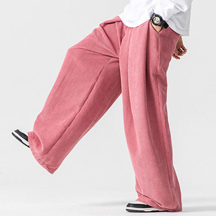 Pantalon large en velours côtelé de coton de couleur unie Buddha Stones pour homme avec poches