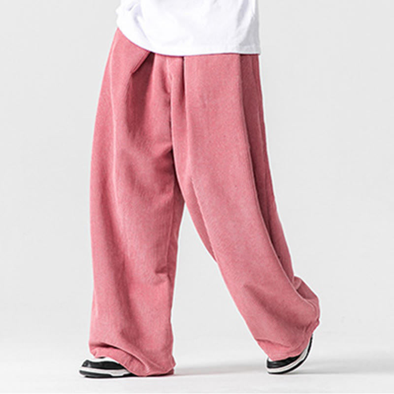 Pantalon large en velours côtelé de coton de couleur unie Buddha Stones pour homme avec poches